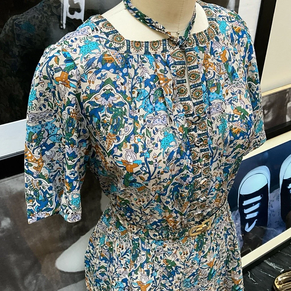 60s sky blue Turkish horseman oriental design a line short sleeve doll dress - Picture 3 of 16